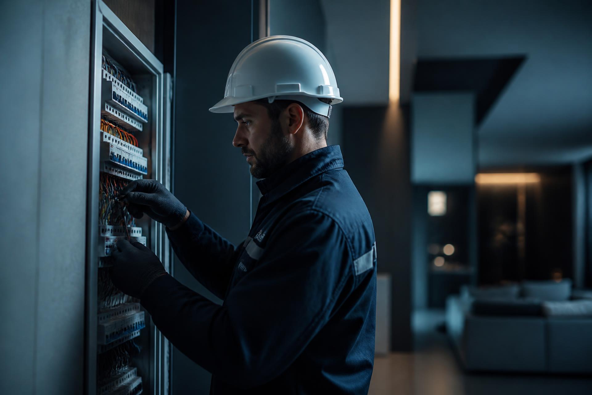 Eletricista Saint Connect executando instalação em quadro elétrico moderno